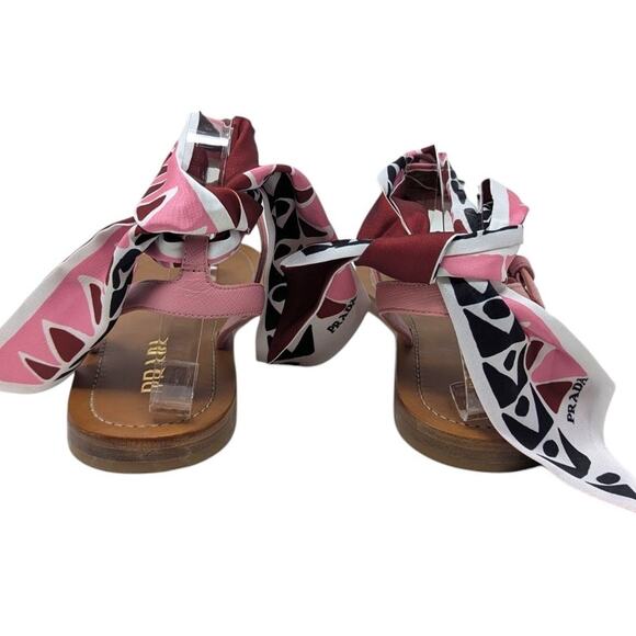 Prada Pink Leather Sandals with Printed Scarf Tie Size 38.5 Designer Flat Thong - Picture 6 of 9
